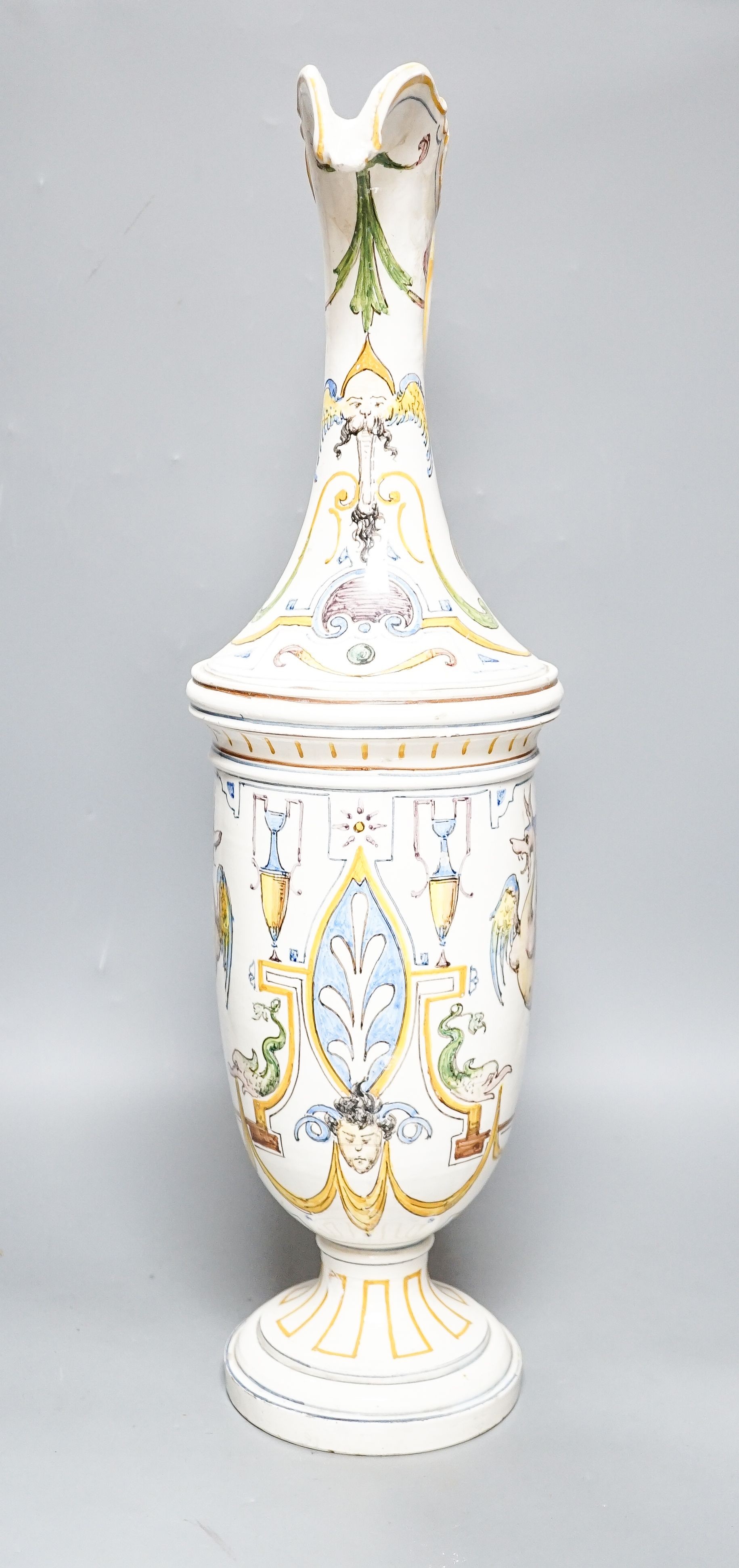 A Quaglino maiolica ewer, four Moroccan pottery dishes and a bowl 62cm